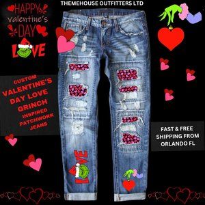 The Grinch Valentines Hearts LOVE Ripped Stretch Patchwork Womens Jeans